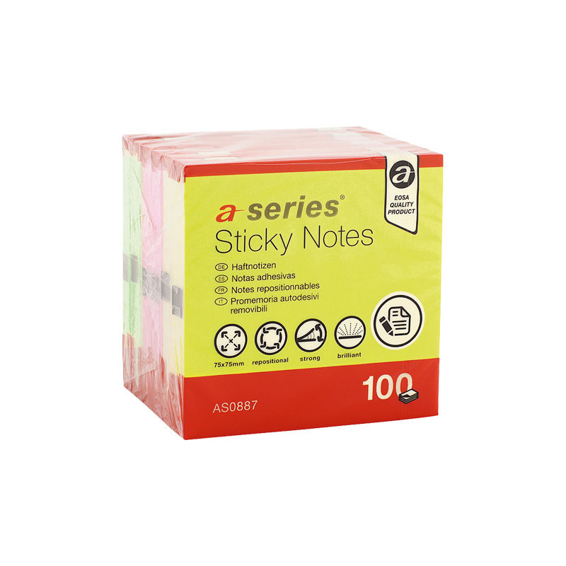 BLOC DE NOTAS A-SERIES REPOSICIONABLE NEÓN 75x75mm BLOC DE NOTAS A-SERIES REPOSICIONABLE NEÓN 75x75mm