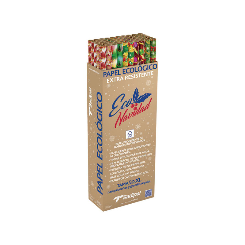 EXPOSITOR 50 ROLLOS PAPEL REGALO SADIPAL ECO NAVIDAD COLOUR 1x2m