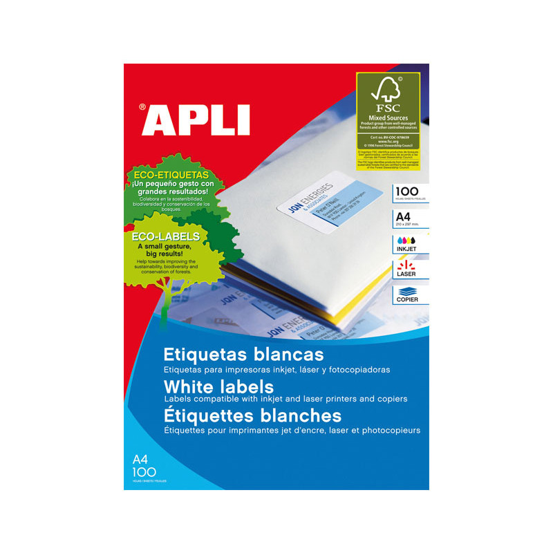 CAJA 100h ETIQUETAS POLIVALENTES APLI 63,5x38,10mm CANTOS ROMOS