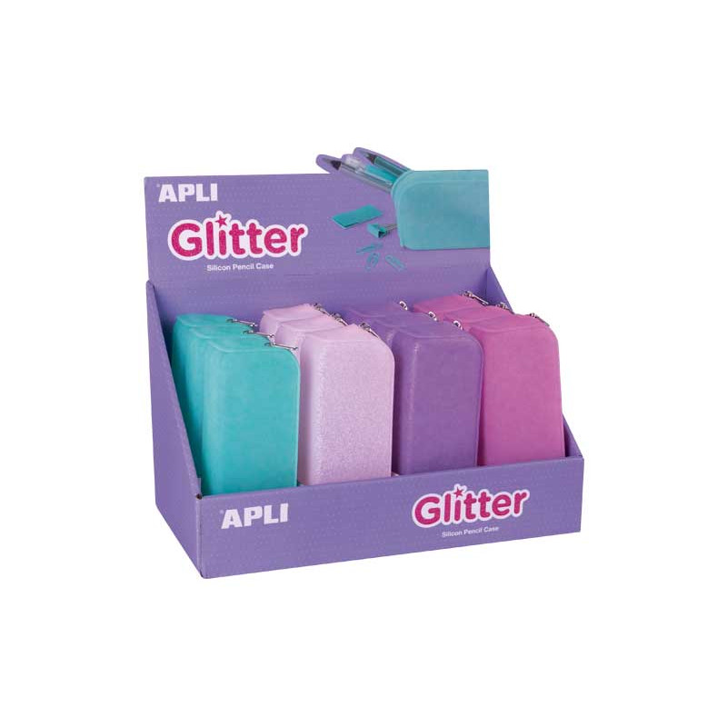 EXPOSITOR 12 ESTUCHES APLI DE SILICONA EFECTO "GLITTER"