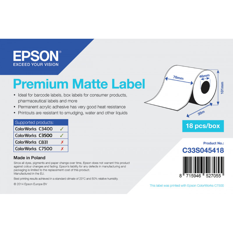 ROLLO CONTINUO DE PREMIUM MATTE LABEL, 76 MM X 35 M