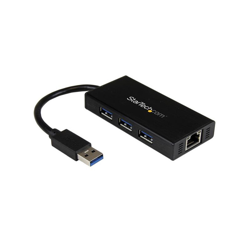 HUB USB 3.0 DE ALUMINIO CON CABLE - CONCENTRADOR DE 3 PUERTOS USB CON ADAPTADOR DE RED ETHERNET GIGA