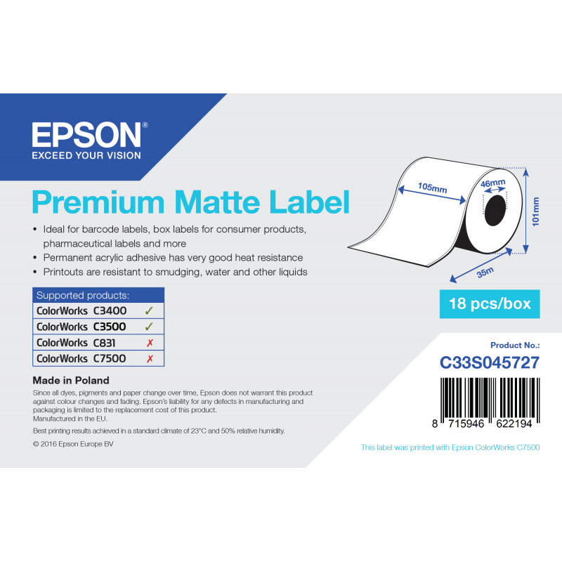 PREMIUM MATTE LABEL - CONTINUOUS ROLL: 105MM X 35M