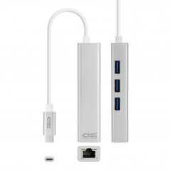 CONVERSOR USB-C A ETHERNET GIGABIT + 3XUSB 3.0, PLATA, 15 CM