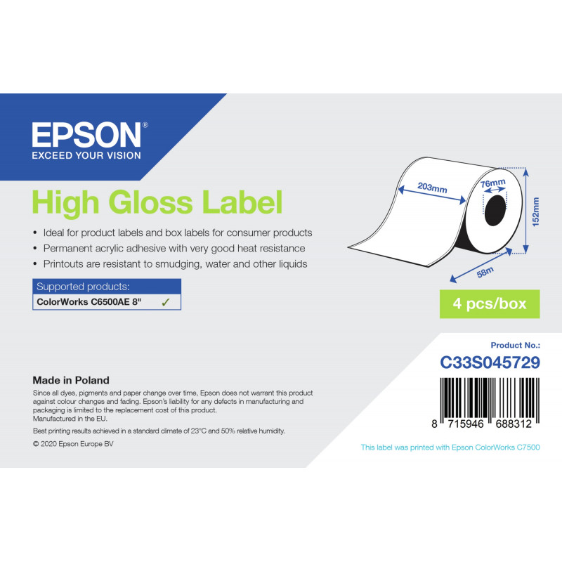 HIGH GLOSS LABEL - CONTINUOUS ROLL: 203MM X 58M