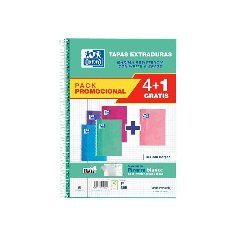 PACK 4+1 CUADERNOS OXFORD "CLASSIC: WRITE&ERASE" Fº 80h COLORES TENDENCIA