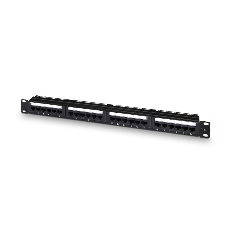 PANEL DE PARCHEO DE 24 PUERTOS RJ45 CAT.6 UTP, 19\" 1U DUAL IDC CON GESTION DE CABLES, NEGRO