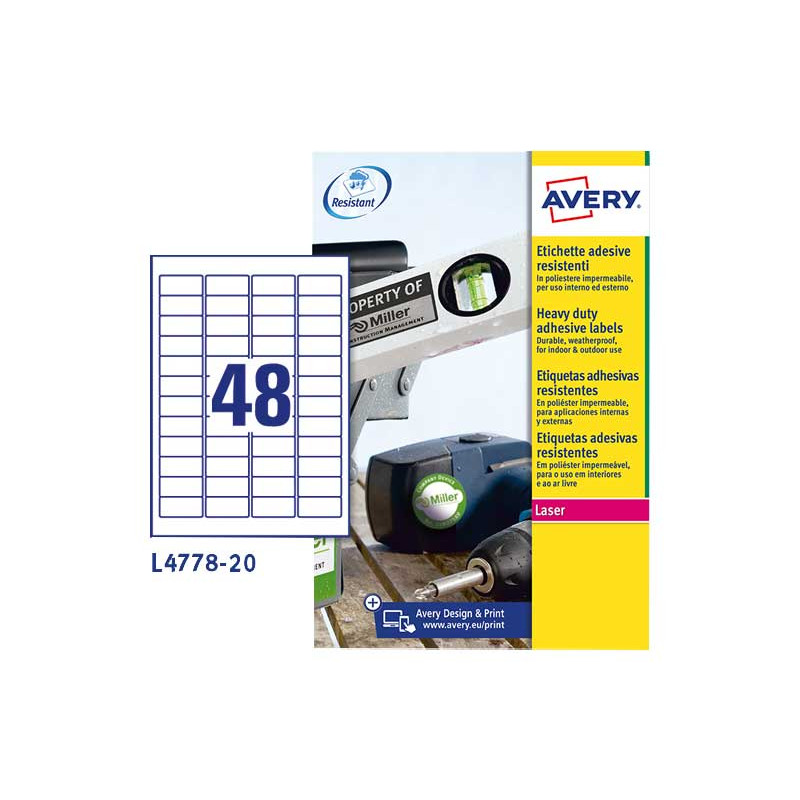 CAJA 20h ETIQUETAS POLIÉSTER AVERY 45,7x21,2mm