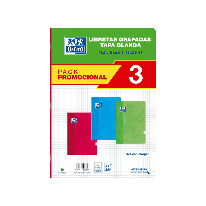 PACK 3 LIBRETAS GRAPADAS OXFORD CLASSIC A4 4x4 CON MARGEN 48h