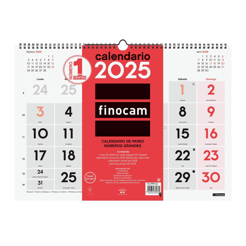 CALENDARIO DE PARED 2025 FINOCAM "NEUTRO: Nº GRANDES L" CASTELLANO