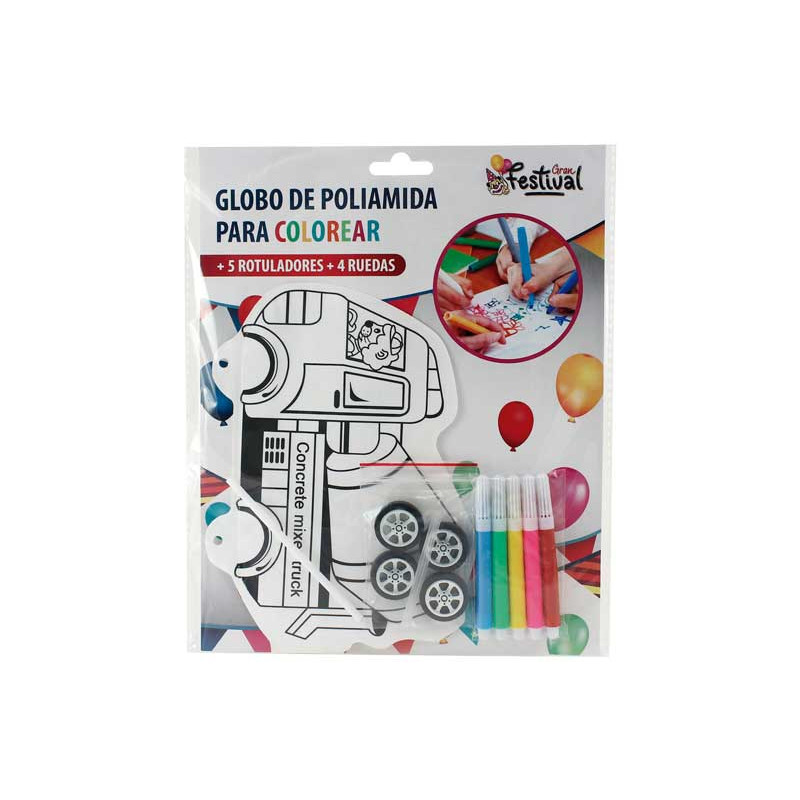 BOLSA 4 GLOBOS POLIAMIDA PARA COLOREAR "VEHÍCULOS"