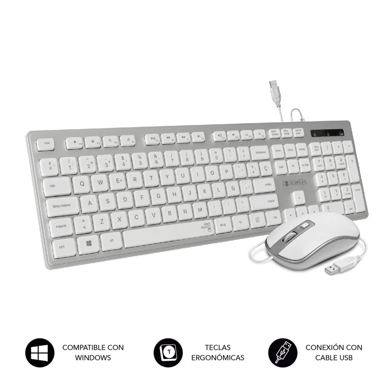 TECLADO ERGONÓMICO Y RATÓN CON CABLE USB PLANO SILENCIOSO PLATEADO/BLANCO ERGO