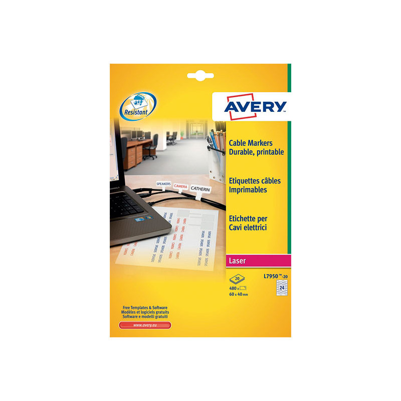 CAJA 20h ETIQUETAS AVERY PARA CABLES 60 x 40mm