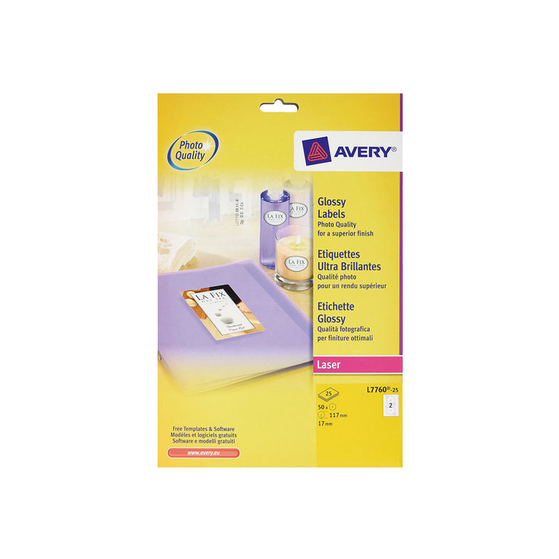 CAJA 25h ETIQUETAS AVERY PARA CD LÁSER GLOSSY Ø117 mm