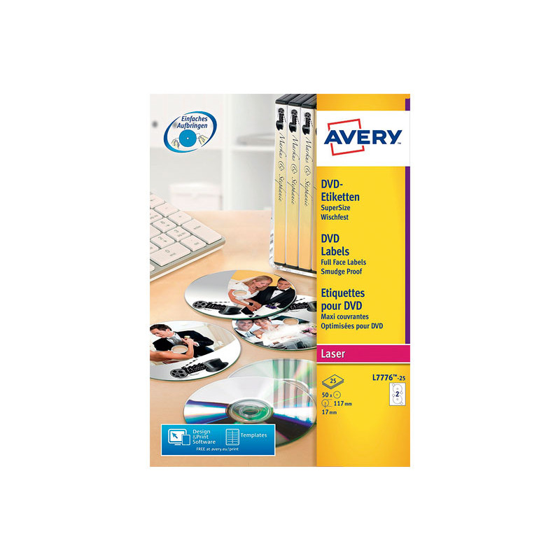 CAJA 25h ETIQUETAS AVERY PARA CD LÁSER Ø117 mm