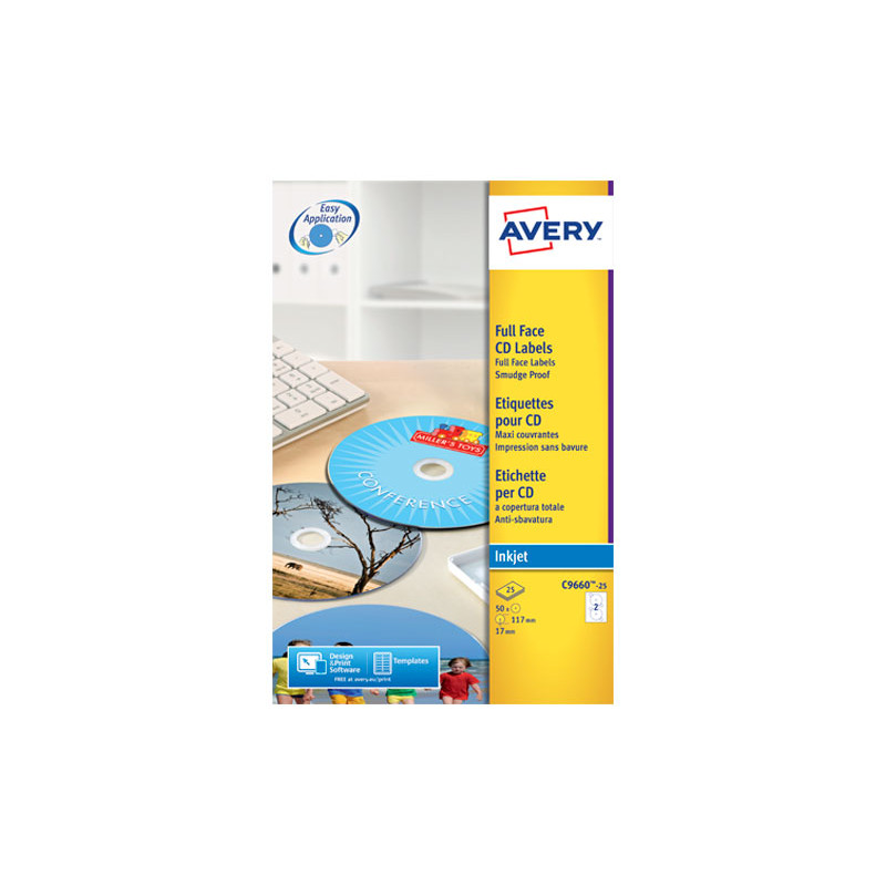 CAJA 25h ETIQUETAS AVERY PARA CD INKJET GLOSSY Ø117 mm