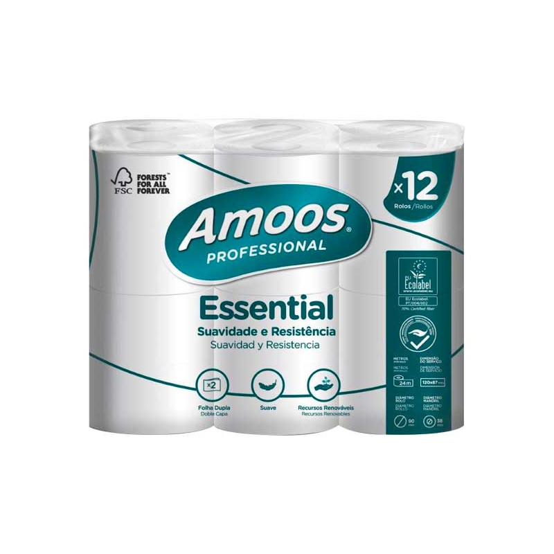 PACK 12 ROLLOS PAPEL HIGIÉNICO AMOOS ESSENTIAL 16m