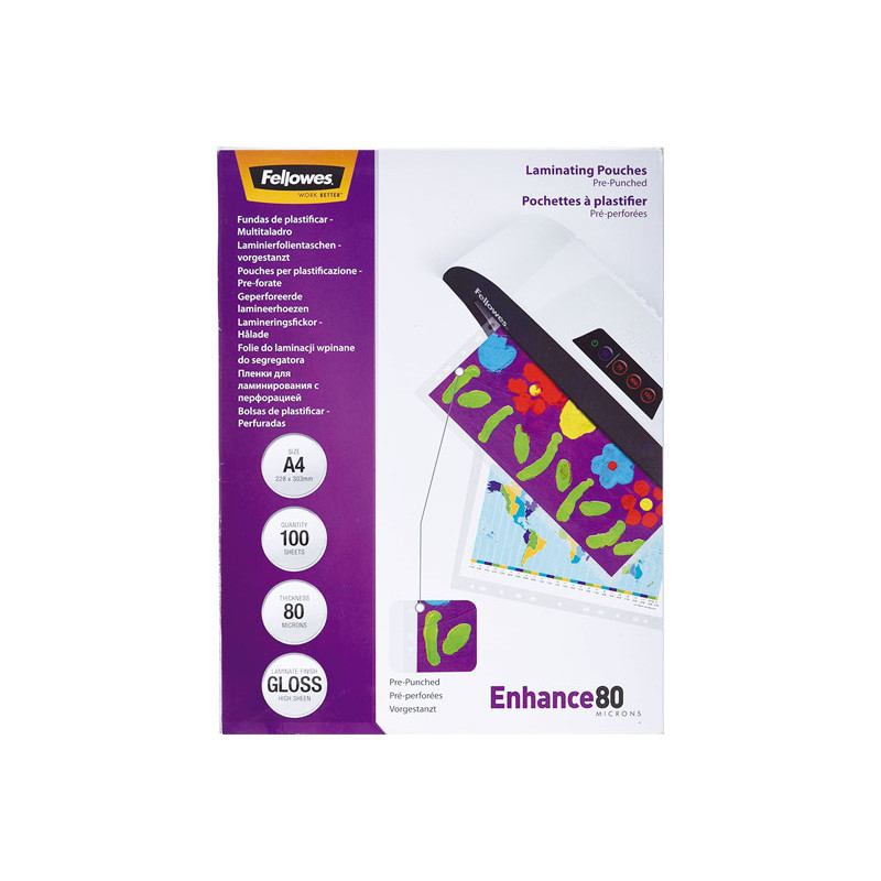 PACK 100 FUNDAS DE PLASTIFICAR FELLOWES TALADRADAS 80 MICRAS 228x303mm